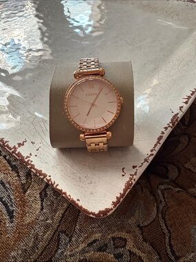 Fossil Rose Gold Tone Women's Bracelet Watch with Crystal Bezel